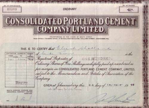 Share Certicate - Consolidated Portland Cement Co. Ltd