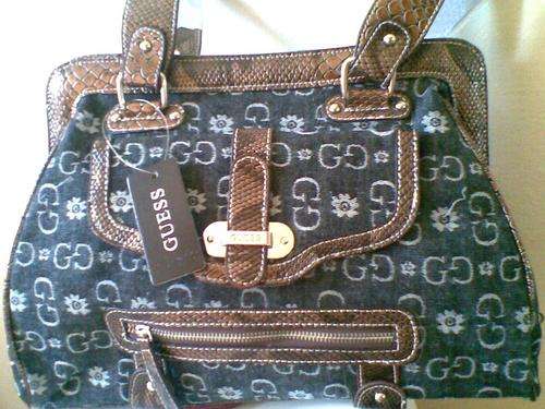 ### "GUESS" LADIES HANDBAG-DENIM-BLK/BROWN ###