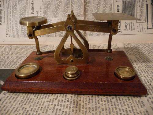 Antique Postal Scale with Brass Weights, Complete, Warranted Accurate - Made in England
