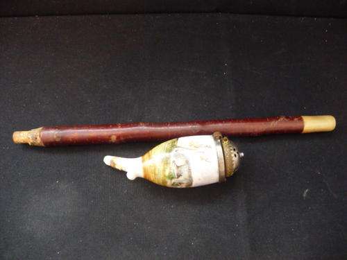 Antique Porcelain Tobacco Pipe European 19th Century, with original stem, not fixed.
