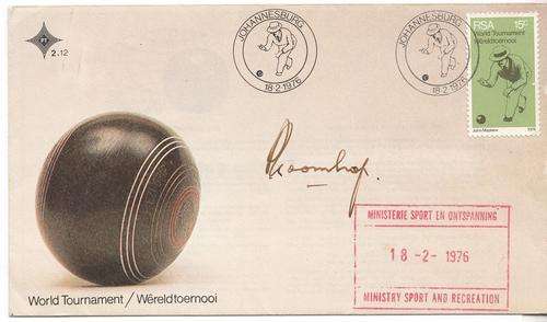 South Africa FDC - 18-2-1976 Bowling cover - signed by the minister of sport - Piet Koornhof