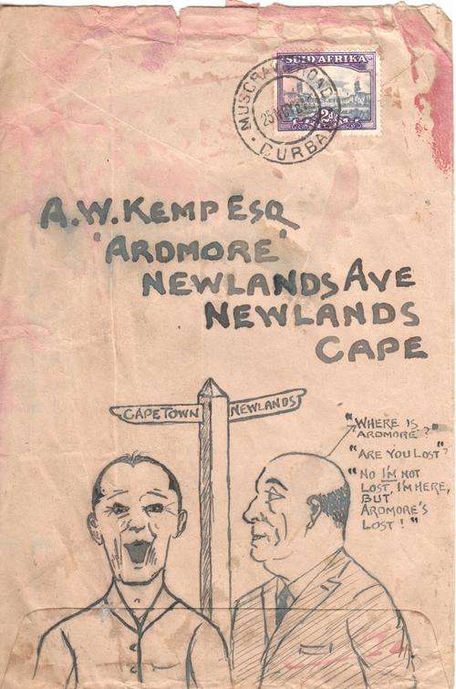 Postal history - 1949 Art postal cover drawn in pen by sender with 2 comic drawings - as per scan