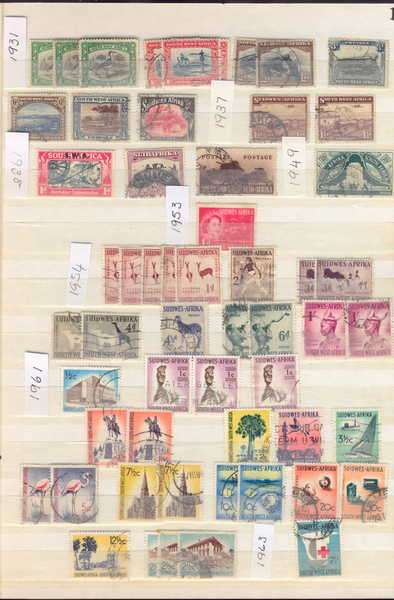 Stamp album with 32 pages filled with more than 500 stamps from South West Africa and Namibia