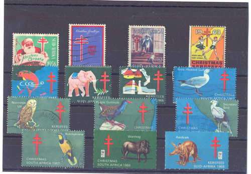 Lot of 14 Christmas stamps of South Africa - all pre 1970
