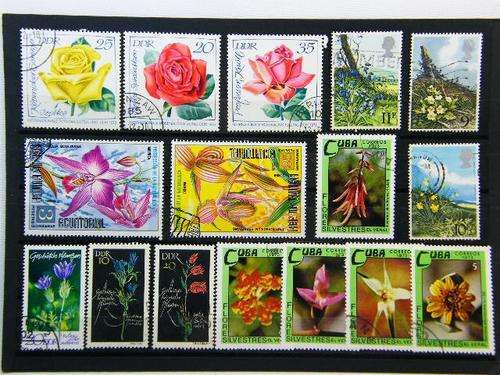 Collection of 16 thematic flower stamps - as per photo