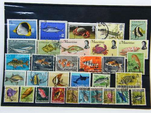 Collection of 32 thematic fish and sea creatures stamps - as per photo