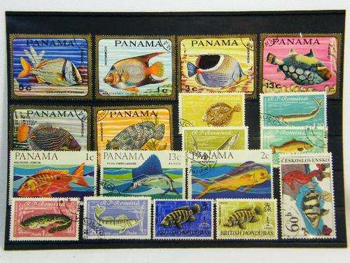 Collection of 18 thematic fish stamps - as per photo