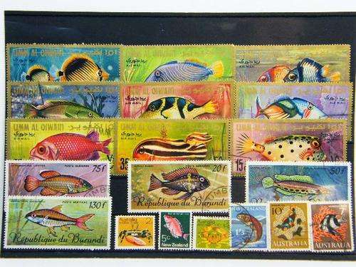 Collection of 19 thematic fish stamps - as per photo