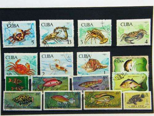 Collection of 16 thematic fish and shell fish stamps - as per photo