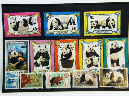 Collection of 13 thematic panda and bear stamps - as per photo