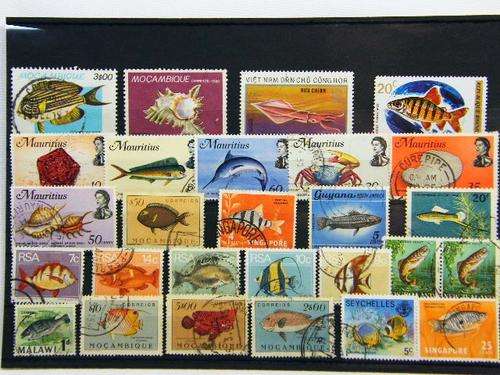 Collection of 27 thematic fish and sea life stamps - as per photo