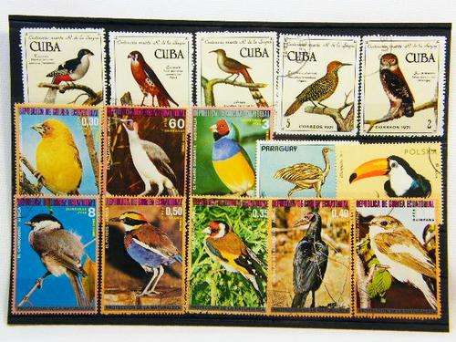 Collection of 15 thematic bird stamps - as per photo