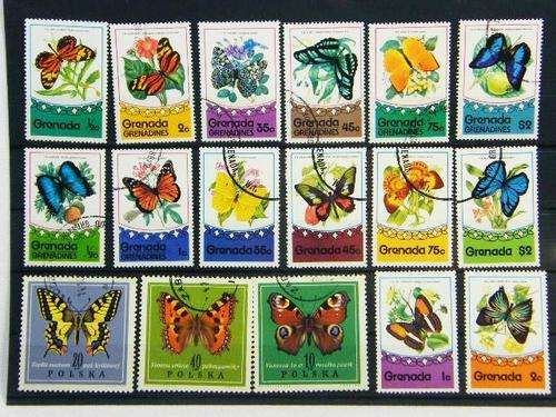 Collection of 17 thematic butterfly stamps - as per photo