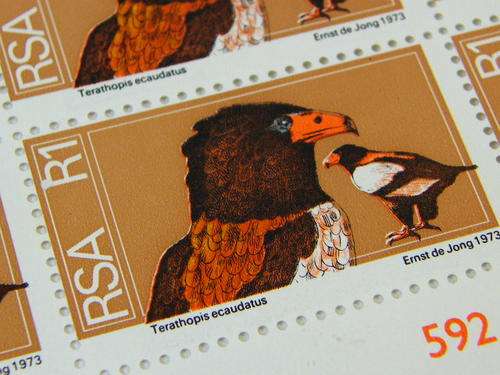 South Africa SACC 374 control block of R1 stamps with printing shift right to the perforation