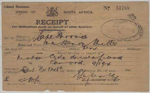 1916 Motorcycle license receipt to Henry Miller issued for District of Cape Province