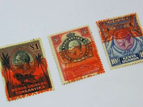 Gibbons 121, 122 and 123 of Kenya, Uganda and Tanganyika - 3 x fiscal stamps