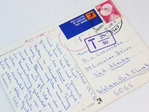 Postcard West Germany to South Africa with 2 different tax marks for insufficient postage dated 1980
