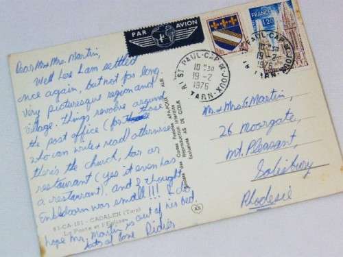 Postcard France to Rhodesia 1976 with picture of Cadalen post office