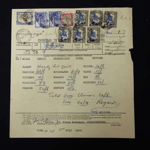 Telegram dated 1947 with 10 South Africa stamps - Stock report sent from South Africa to USA