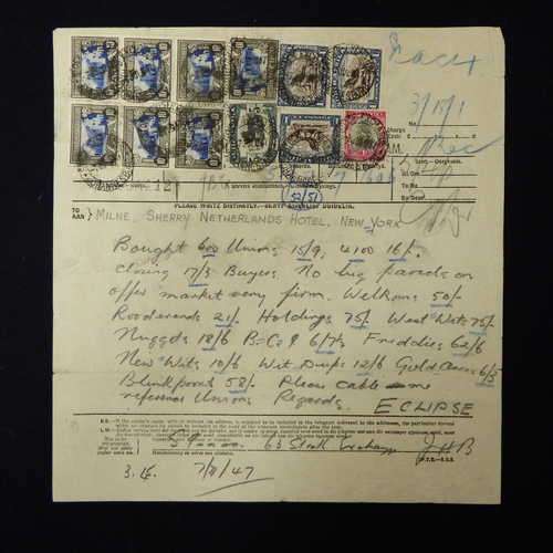 Telegram dated 1947 with 12 South Africa stamps - Stock report sent from South Africa to USA