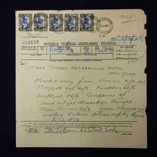 Telegram dated 1947 with 5 South Africa stamps - Stock report sent from South Africa to USA