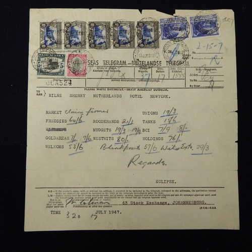 Telegram dated 1947 with 9 South Africa stamps - Stock report sent from South Africa to USA