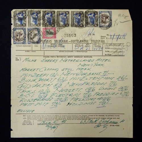 Telegram dated 1947 with 10 South Africa stamps - Stock report sent from South Africa to USA