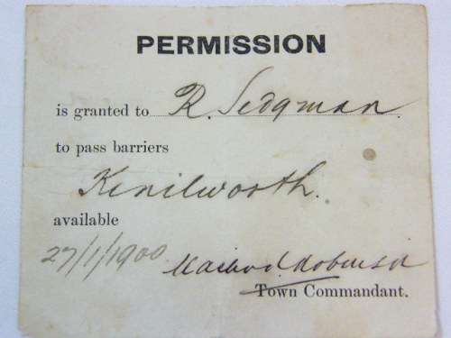 Boer War permission slip granted to R Sergman to pass the barriers in Kenilworth