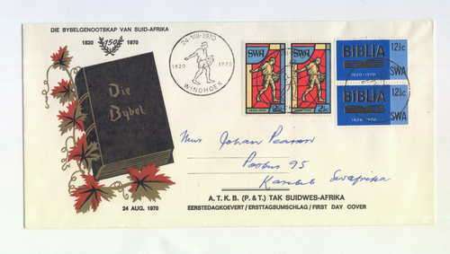 South West Africa 24 August 1970 with four Bible society stamps on first day cover