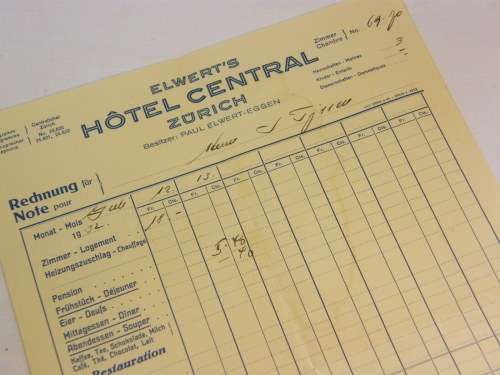 1932 Bill issued by Elwert Hotel Central Zurich
