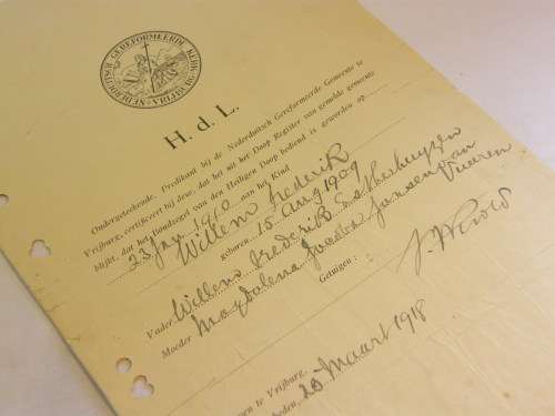 Baptism certificate for W.F Esterhuyzen born 15 August 1909 issued 1918
