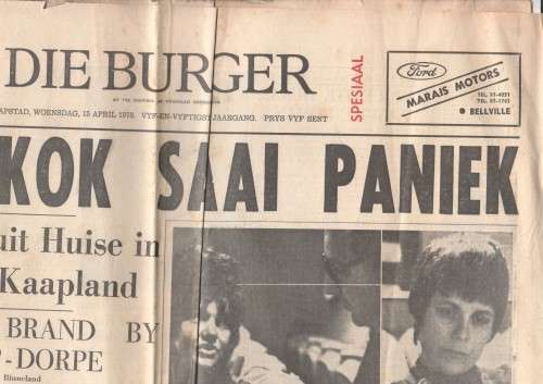 Die Burger Kaapstad Woensdag 15 April 1970 `Aardskok saai paniek` Wes-Kaapland