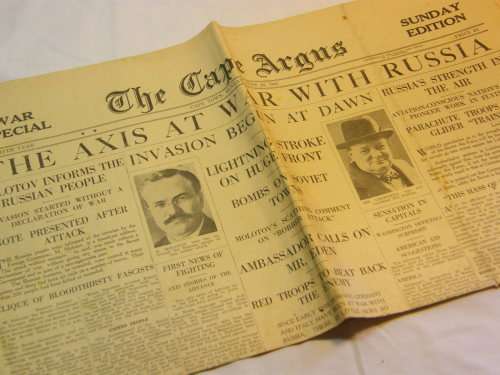 The Cape Argus dated Sunday 22 June 1941 ` The Axis at war with Russia `