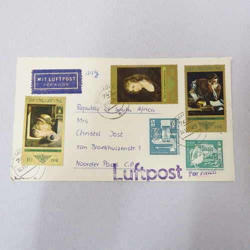 Airmail cover from Schmolln, DDR to Paarl, South Africa with airmail tg, Luftpost INK stamp
