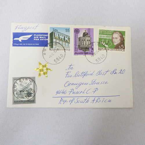 Airmail Cover from Gotzis, Austria to Paarl South Africa with airmail tag and 4 Republik öSterreich