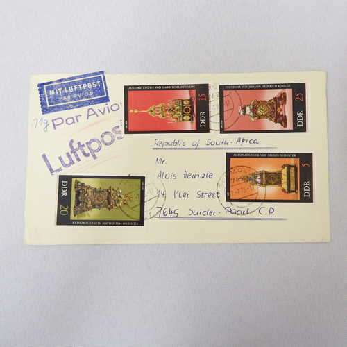 Airmail cover from Schmolln, Germany to Paarl, South Africa - with airmail tg Par vion ink stamp