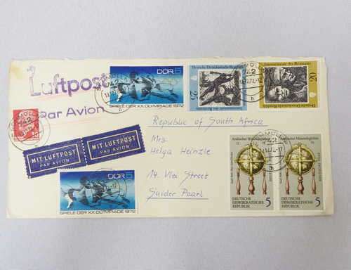Airmail cover from Schmolln, Germny to Paarl, South Africa with airmail tags, Par Avion and Luftpost