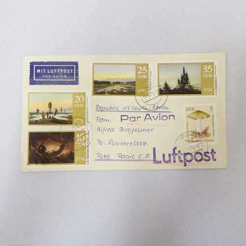Airmail cover from Schmolln  Germany to Paarl South Africa with airmail tag Par Avion and Luftpost