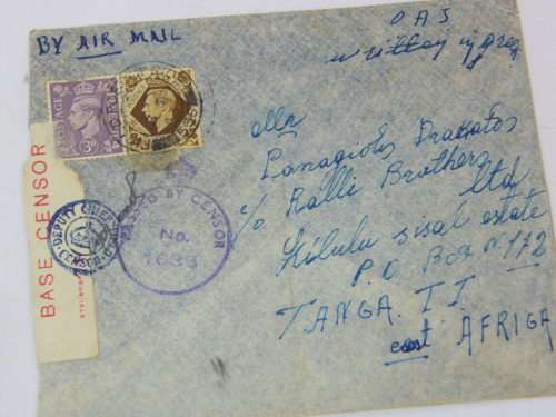Censored Airmail cover Field Post Office to Tanganjika with Base censor sticker and 2 censor rubber