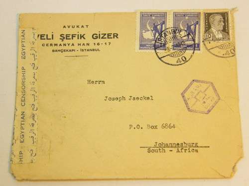 Postal History cover from Istanbul, Turkey to Johannesburg, South Africa - WW2 period