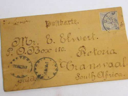 Antique selfmade wooden postcard - posted Germany 12 Feb 1897 and received Transvaal 11 March 1897
