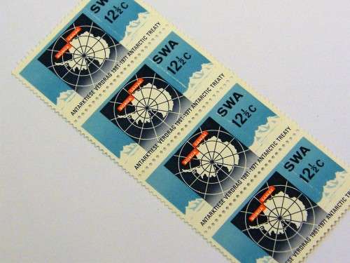 South West Africa - SACC 243 - block of 4 unhinged mint stamps - map and automatic landscape