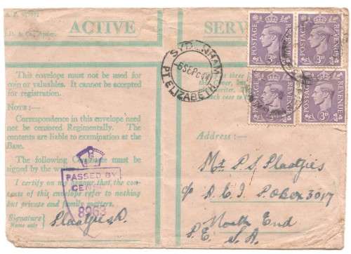 Active Service WW2 envelope with censor cancel from England to Port Elizabeth, South Africa