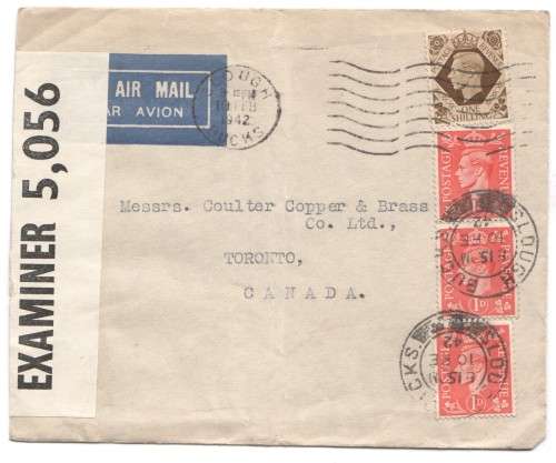 Censored WW2 mail from Bucks Slough England to Toronto Canada with 1 shilling 3 pence postage