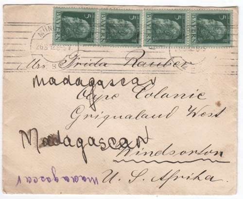 Postal cover from Munchen Germany to Windsorton, SA with 4 Bayen stamps - cancelled 26-3-1912