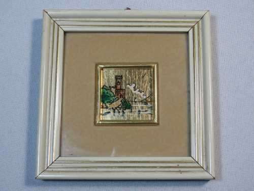 Village gold leaf foil painting of seaside castle