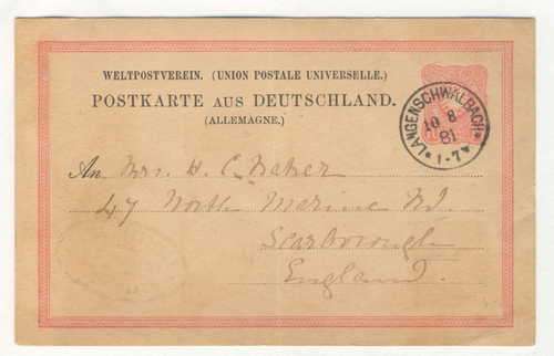 1881 Postcard with pre-printed postage from Langenschwalbach to Scarborough, England