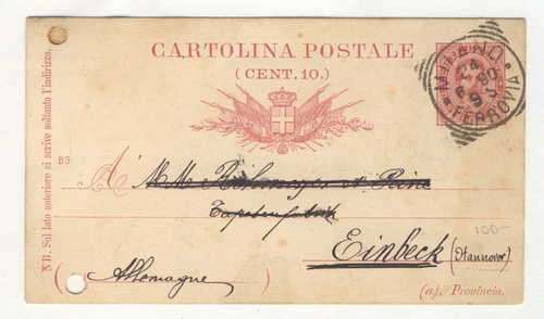 1890 Postal cover from Milano, Italy to Hannover, Germany on pre-printed card cancelled 24-06-1890