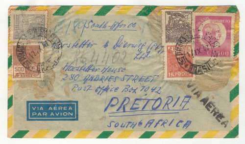 Postal Cover from Brazil to South Africa with VIA AEREA RUBBER CANCEL - 5 Brazil stamps cancelled