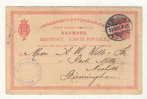 Pre-printed postcard from Copenhagen, Denmark to Birmingham, England - 29-09-1903
